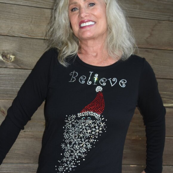 Christmas Believe rhinestone bling long sleeved shirt XS S M L XL XXL 1X 2X … - Picture 4 of 9